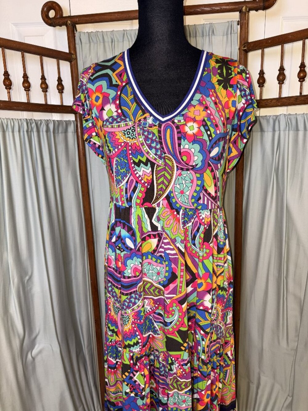 Johnny Was XS Vibrant Boho Midi Dress Multicolor Psychedelic Print Stretch Ruffl